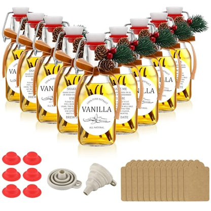 Sieral 9 Sets Vanilla Extract Bottles Clear Swing Top Glass Bottles for Gift Giving Homemade Vanilla Extract Jar Funnel Rope Labels for New Year Brewing Oil Beer Tea DIY Supply(Round Stickers,4 oz) - size: 4 oz, style: Round Stickers