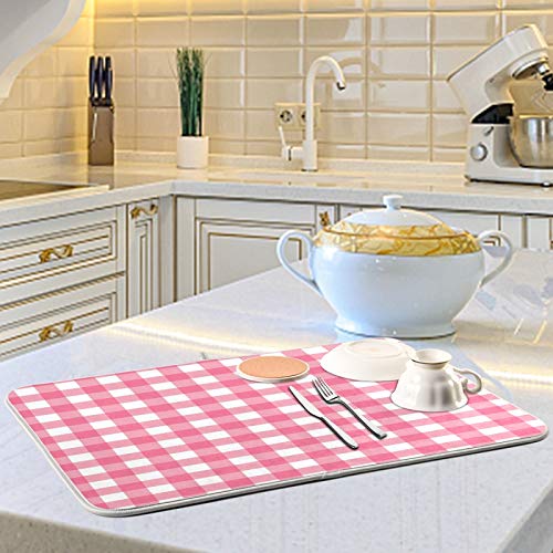 Microfiber Dish Drying Mat, Buffalo Check Plaid Absorbent Dish Drying Rack Pads Kitchen Counter Mat 18Inch X 24Inch Pink White Tartan Pattern Checkered Heat Resistant Sink Mat Dish Draining Mat - color: Plaid, size: 18x24in