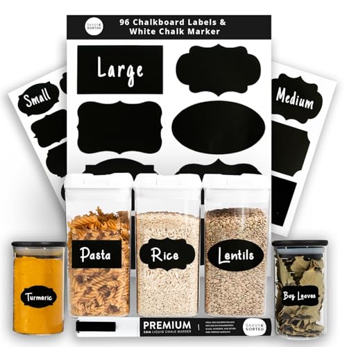 96 Chalkboard Labels for Storage Bins, Chalkboard Stickers with Chalk Maker, Chalk Labels for Kitchen Containers Organizing, Removable Black Food Pantry Jar Label Stickers for Glass Bottles - style: Assorted Shapes - 96pcs