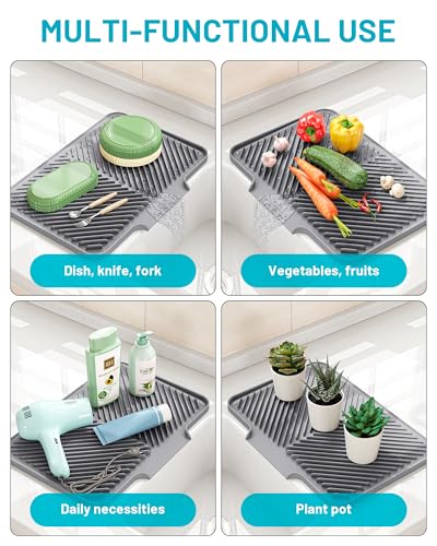 Dish Drying Mat Kitchen Counter - Silicone Dish Drying Pad with Built-in Drain for Sink, Refrigerator and Drawer liner, Easy Clean, Non-Slip, Heat Resistant, 15.8" x 13"