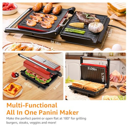 Panini Press Grill, Aigostar 1000W Sandwich Maker with Ceramic Non-stick Plates, Opens 180 Degrees for Any Size Food, 3-in-1 Sandwich Press Electric Grill, Drip Spout & Locking Lid, Red - color: Red