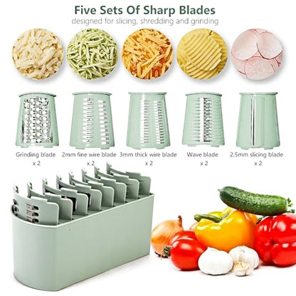 Rotary Cheese Grater with Handle: 5-in-1 Cheese Grater Hand Crank, Strong Suction Base for Fruit Vegetables Nuts with Blade Storage Box (Green) - color: Green