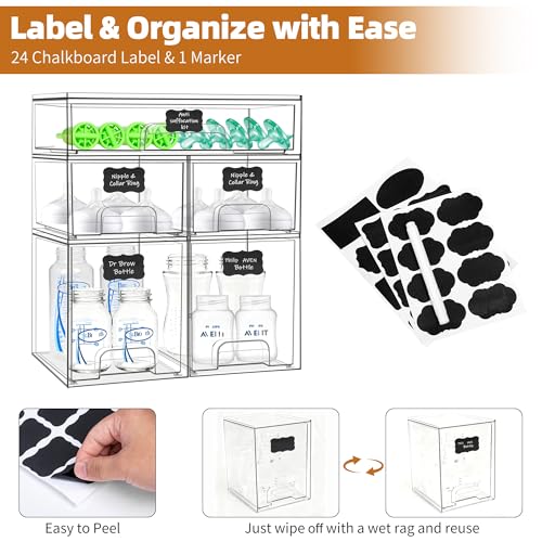Baby Bottle Organizer, 5 Pack Stackable Storage Drawers with Labels, Clear Station Organizers Container for Pacifiers, Pump Parts, Desk Organizer Bins for Bathroom, Cabinet, Pantry, Vanity, Countertop - style: 2 High+2 Small+1 Wide