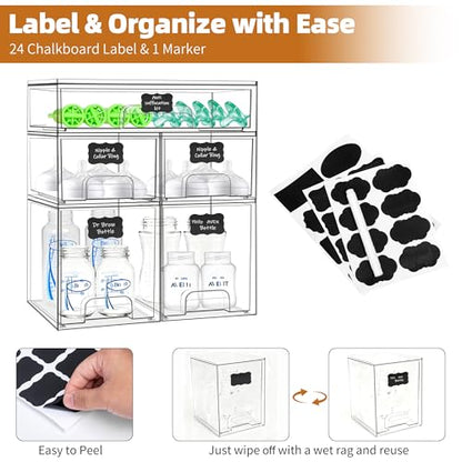 Baby Bottle Organizer, 5 Pack Stackable Storage Drawers with Labels, Clear Station Organizers Container for Pacifiers, Pump Parts, Desk Organizer Bins for Bathroom, Cabinet, Pantry, Vanity, Countertop - style: 2 High+2 Small+1 Wide