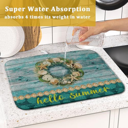 Hello Summer Dish Drying Mat for Kitchen Counter,Sea Shell Starfish Coastal Wreath Drying Mat 16 x 18 Inch with Absorbent Reversible Microfiber Drying Pad for Coffee Bar - size: 16" x 18"
