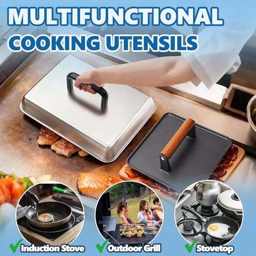 SafBbcue 14" Stainless Steel Rectangle Cheese Melting Domer Basting Cover & Cast Iron Rectangle Griddle Smash Burger Grill Weight Press for Blackstone, Pitboss, Camp Chef Flat Top Grills Accessories - style: 14InDome+10In Press