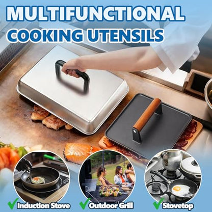 SafBbcue 14" Stainless Steel Rectangle Cheese Melting Domer Basting Cover & Cast Iron Rectangle Griddle Smash Burger Grill Weight Press for Blackstone, Pitboss, Camp Chef Flat Top Grills Accessories - style: 14InDome+10In Press