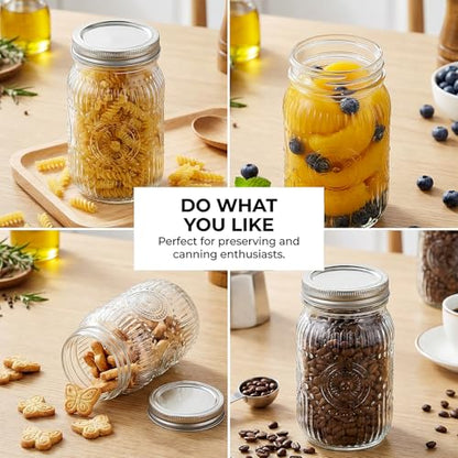 SUT Clear Wide Mouth Mason Jars 32 oz,9 Pack Quart Mason Jars With Airtight lids and Bands,Clear Canning Jars 32 oz for Preserving,Meal Prep,Overnight Oats - color: Flower