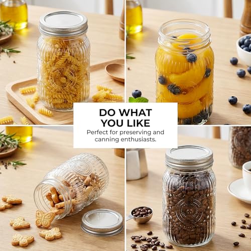 SUT Clear Wide Mouth Mason Jars 32 oz,9 Pack Quart Mason Jars With Airtight lids and Bands,Clear Canning Jars 32 oz for Preserving,Meal Prep,Overnight Oats - color: Flower