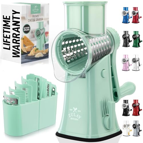 Zulay Kitchen Rotary Cheese Grater 5 Blade Cheese Shredder - Manual Hand Crank Cheese Grater With Reinforced Suction & 5 Interchangeable Drums - Easy to Use, Vegetable Chopper Round Mandoline Slicer - color: Seafoam
