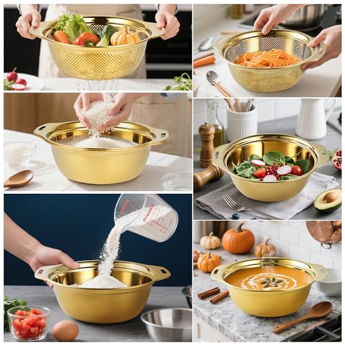 Gulex Colander Stainless Steel 5-quart with Bowls, Strainer Kitchen, Gold - color: Gold, size: 5QT
