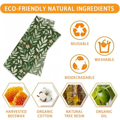 Beeswax Food Wraps, Botanical Leaves Wrap, 9 Pack Eco-Friendly Food Storage, Organic, Sustainable, Biodegradable, Zero Waste, Plastic-Free, For Sandwich, Bowl, Bread, 1XL, 3M, 5S - color: Green Botanical1