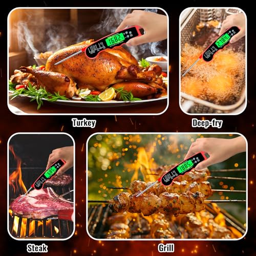 Meat Thermometer Digital, Instant Read Meat Thermometer with Backlight & Magnet for Kitchen, Beef, Grill, Turkey,IP67 Waterproof Cooking Thermometer - color: Red