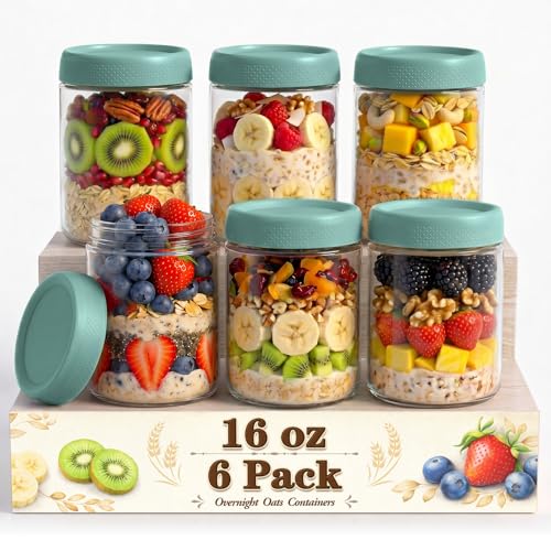 Overnight Oats Containers with Lids, Glass Storage Containers with Lids, Wide Mouth Mason Jars 16oz, Sugar Bowls, Airtight Glass jars for Chia Pudding, Yogurt, Salad Storage (6 Pack, Green) - color: Green