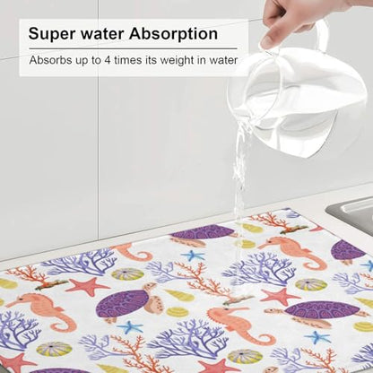 Purple Beach Sea Turtle Dish Drying Mat For Kitchen Counter, Super Absorbent Microfiber Dish Drying Pad, Kitchen Gadgets For Easy Clean Multi-Use Large 18"x24" - color: Purple Beach Sea Turtle