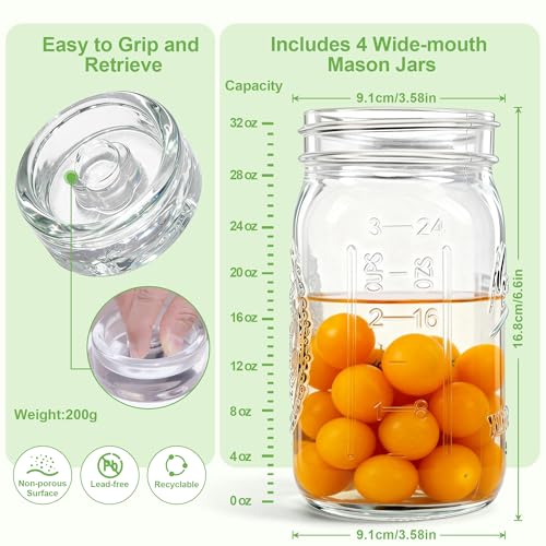 4-Pack Fermentation Kit for All Wide Mouth Mason Jars (Four 32oz Mason Jars Included), Fermentation Jars, Fermenting Weights, fermentation Lids, Airlocks, Everything Included for Fermentation - style: 4 Pack Included 4 Mason Jars