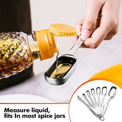 Rainspire Heavy Duty Measuring Spoons Set Stainless Steel, Metal Measuring Cups and Spoons Set for Dry or Liquid, Fits in Spice Jar, Home Gadgets Kitchen Gadgets, Set of 7 Including Leveler - color: Silver