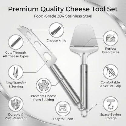 Cheese Slicer and Knife Set 2 pcs: Quality Stainless Steel Cheese Knife Set & Cutter for Perfect Cuts - Ideal for Charcuterie Boards & Cheese Lovers! (silver)