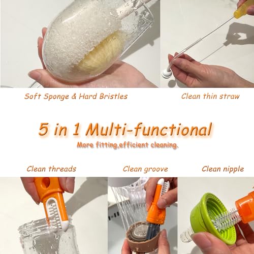 5 in 1 Bottle Cleaning Brush Set, Detail for Baby Bottle Cleaner | 5 in 1 Multifunctional, Cup Lid Clean Brushes, Straw Cleaner, Detail for Baby Bottle Nipple, Sponge Bottle Cleaner - color: Orange & Green