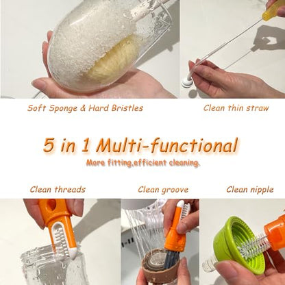 5 in 1 Bottle Cleaning Brush Set, 2026 Multifunctional Cleaning Brush for Cup Lid, 5 in 1 Bottle Brush, Detail for Baby Bottle Nipple & Straw, Water Bottle Cleaner, 2 Pack Set - color: Orange
