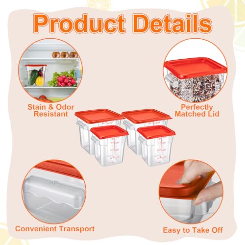 Suclain 8 Pack 4 QT and 6 QT Food Storage Containers with Lids Scales Handles Square Clear Restaurant Food Storage Containers Polycarbonate Commercial Grade for Kitchen Marinating Meat Dough(Red) - color: Red