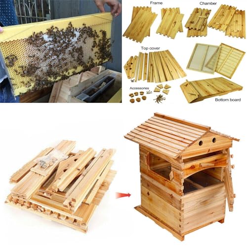Beehive Starter Kit, Self-Flowing Honey Beehive with Observation Window and Honey Spout, Bee Hives Boxes with Built-in Honey Extraction System for Backyard Beekeeping Cabin Style Beehive