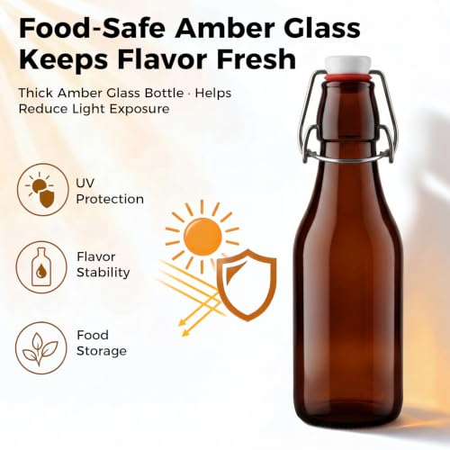 Ruckae 12pcs 8oz Amber Swing Top Glass Bottles with Lids Brown Flip Top Glass Bottle for Kombucha Coquito Syrup Vanilla Extract Brew Beer Kefir Air Tight Bottles for Gift (8oz 12pack) - size: 8oz 12pack