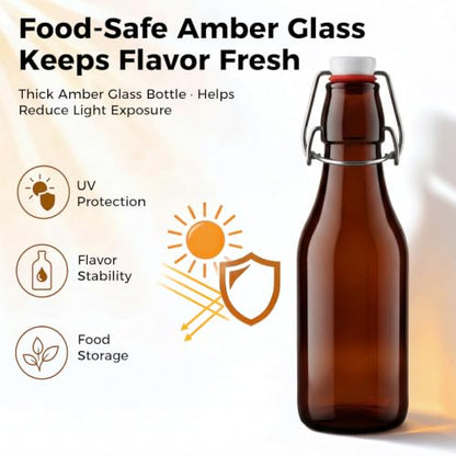 Ruckae 12pcs 8oz Amber Swing Top Glass Bottles with Lids Brown Flip Top Glass Bottle for Kombucha Coquito Syrup Vanilla Extract Brew Beer Kefir Air Tight Bottles for Gift (8oz 12pack) - size: 8oz 12pack
