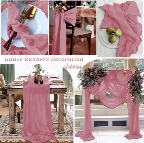 16 Pack Dusty Rose Cheesecloth Table Runner 10FT, Boho Gauze Cheese Cloth Table Runner Long Rustic Sheer Dusty Pink Table Runners for Wedding Bridal Baby Shower Birthday Party Table Decorations - style: Pink