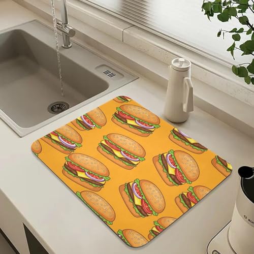 Cheeseburger Tomato Yellow Dish Drying Mat for Kitchen Counter Highly Absorbent Coffee Maker Mat Heat Resistant Dish Rack Pad for Sink Rack Pans Pots Utensils 15.7" x 11.8" - size: 15.7x11.8inch