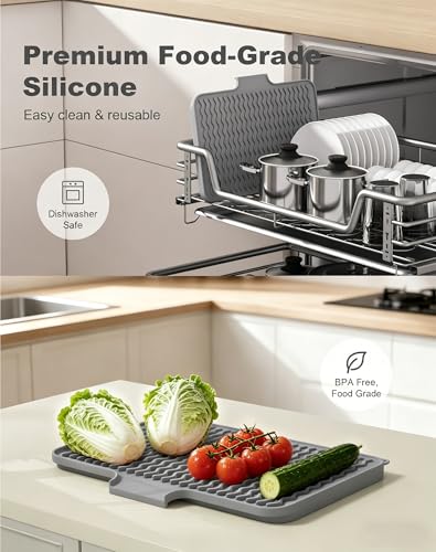 Rnivvi Silicone Dish Drying Mat for Kitchen Counter, 16 x 12" Fast Drainage Dish Rack Pad Drying Mats, Non-Slip Countertop Protector Heat Resistant Trivet, Easy to Clean Sink Drip Pad for Dishes, Gray - color: Gray