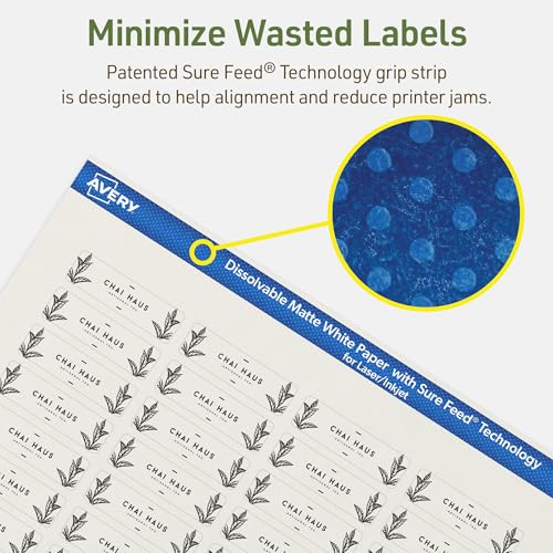 Avery Dissolvable Rectangle Labels, Sure Feed Technology, 0.5" x 1.75", Matte White, Print-to-The-Edge, Laser/Inkjet Printable, 300 Labels Total - style: 300 labels