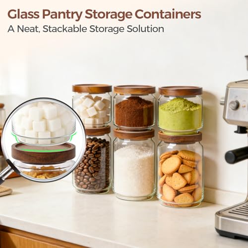 ComSaf 6PCS (1.1Qt/0.5Qt) Glass Pantry Storage Container with Acacia Wood Lid, Airtight Glass Canister with Stacked Design for Orderly Organizing, Glass Jar Organizing Dry Goods in Pantry & Cabinet - size: 1.1Qt*3 / 0.5Qt*3