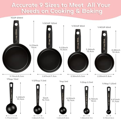 Measuring Cups and Spoons Set of 9, Stainless Steel Measuring cup for Cooking and Baking, Measuring spoons for Dry and Liquid Ingredients (Black) - color: Black