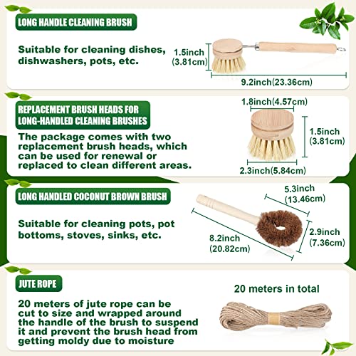 8 Pcs Bamboo Dish Brush Dish Washing Scrub Bottle Brush Wooden Palm Pot Brush Cleaning Scrubbers with Natural Sisal Bristles Long Handle for Pots Pans, Bottle, Sink, Vegetables, Household Cleaning
