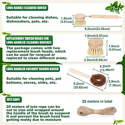 8 Pcs Bamboo Dish Brush Dish Washing Scrub Bottle Brush Wooden Palm Pot Brush Cleaning Scrubbers with Natural Sisal Bristles Long Handle for Pots Pans, Bottle, Sink, Vegetables, Household Cleaning