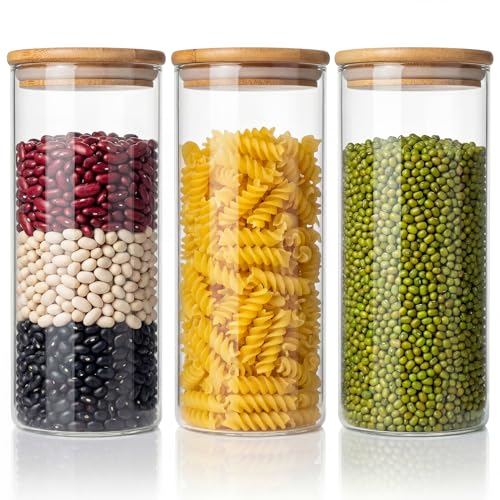 45oz - 3 Pack Glass Jars with Bamboo Lids, Glass Pantry Storage Containers with Airtight Lids, Round Air Tigh Food Storage Canisters for Cereal, Pasta, Flour, Sugar, Rice, Best for Kitchen Organizer - color: 45oz 3 Pack