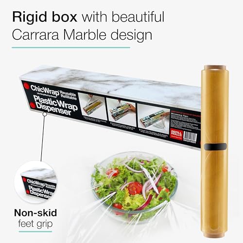 Chicwrap Carrara Marble Refillable Plastic Wrap Dispenser - One 12" x 250' Roll of Professional Grade Plastic Wrap - BPA Free and Kosher Certified - Reusable Dispenser w/Slide Cutter - style: Marble