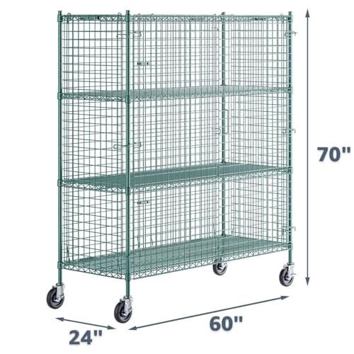 24" x 60" x 70" NSF Heavy Duty Mobile Green Epoxy Wire Shelves with Security Cage Kit, 4 Tier Metal Commercial Storage Rack with Wheels - color: Green, size: 24" x 60" x 70" with Wheels