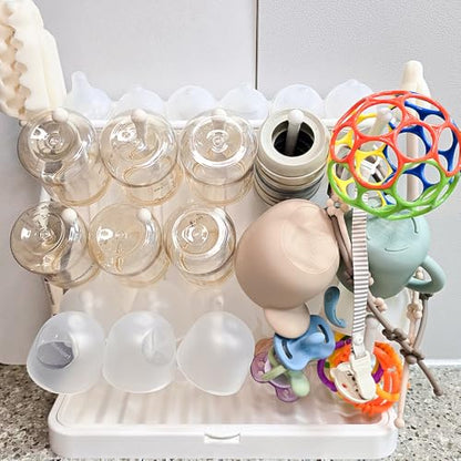 LUNELL Baby Bottle Drying Rack 20 Hooks Space-Saving Vertical Brush Holder | Drip Tray, Countertop Organizer, Pump Parts, Pacifiers, Nipples, Baby Feeding Accessories, Ivory White