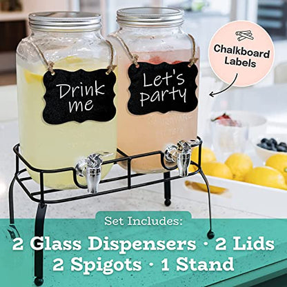 Estilo Glass Drink Dispenser for Parties - Set of 2-1 Gallon Halloween Drink Dispenser with Stand, Glass Water Dispenser Countertop for Weddings, Sun Tea Jar, Lemonade & Laundry Detergent Dispenser - style: Double w/ Stand & Labels