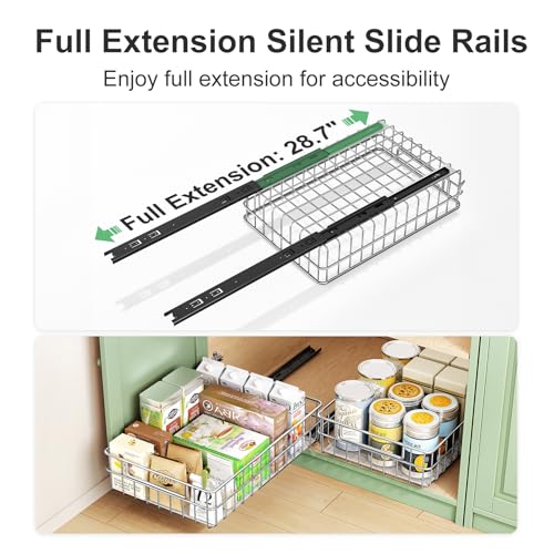 Pull out Cabinet Organizer, Stainless Steel 2-Pack (9.8"W x 16.5"D) Full-Extension Slide out Drawer, Adhesive Roll out Can Spice Storage Basket Shelf Rack for Pantry, Kitchen, Bathroom, Home Closet - size: (9.8"W x 16.5"D x 4.7"H)