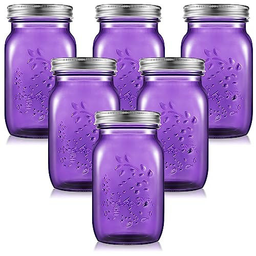 Yinder 6 Pack 32 oz Mason Jars with Lids Bulk, Durable Wide Mouth Vintage Color Glass Canning Jars for Storage Canning Fermenting Pickling DIY Crafts & Decor, Dishwasher Not Allowed(Purple) - color: Purple