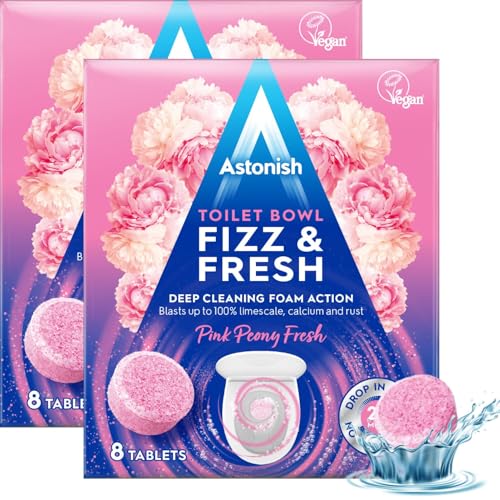 Astonish Foaming Pink Peony Toilet Bowl Cleaner 2 Pack - Deep Cleaning Limescale, Calcium & Rust - No Bottle, Removes Hard Stains (2 Boxes, 16 Tablets) - size: 16 Count (Pack of 1)
