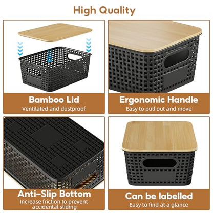 8 Pcs Plastic Storage Bins with Bamboo Lids and Labels 5.29qt Stackable Box Basket Pantry Decorative Containers, Small Storage Baskets for Desktop Organizing Shelves Bedrooms Cabinets 10*7.2*4.1" - style: Black-Bamboo Lid
