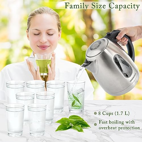 Mixpresso 1.7 Liter Stainless Steel Electric Kettle | Large, portable hot water tea kettle, fast boiling pot, boil-dry protection, auto shut-off, blue Illuminate LED light - color: Stainless Steel 1.7L