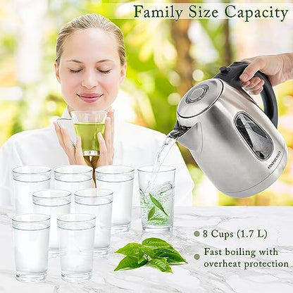 Mixpresso 1.7 Liter Stainless Steel Electric Kettle | Large, portable hot water tea kettle, fast boiling pot, boil-dry protection, auto shut-off, blue Illuminate LED light - color: Stainless Steel 1.7L