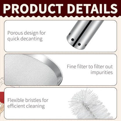 Potchen 4 Pcs Wine Aerator Shower Funnel with Mesh Sediment Strainer Stainless Steel Aerating Decanter Funnel with Filter Sieve and Brushes for Christmas Wine Lover Gift