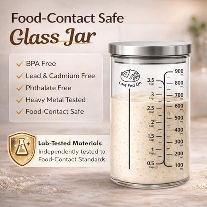 34Oz Sourdough Starter Jar Kit with Date Band, Thermometer & Wooden Spurtle Glass Sourdough Starter Container, Homemade Bread Fermentation Jar Kit