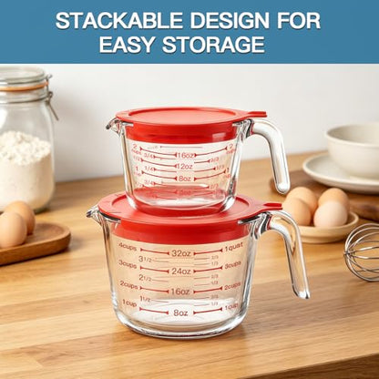 KOMUEE 4 Pieces Glass Measuring Cups Set | 5 Oz, 1-Cup, 2-Cup, 4-Cup Liquid Measuring Cups with Lids for Kitchen, Freezer and Microwave Safe